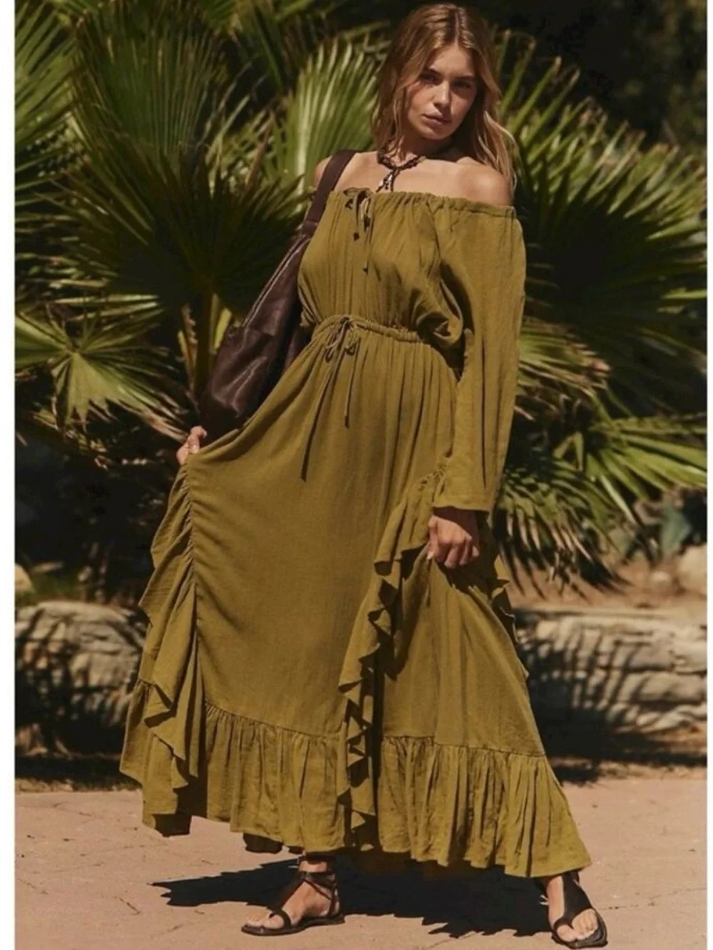 Free People Bohemian Witchy Ethereal Maxi Dress Green Moss Size Small NWT - Picture 2 of 11